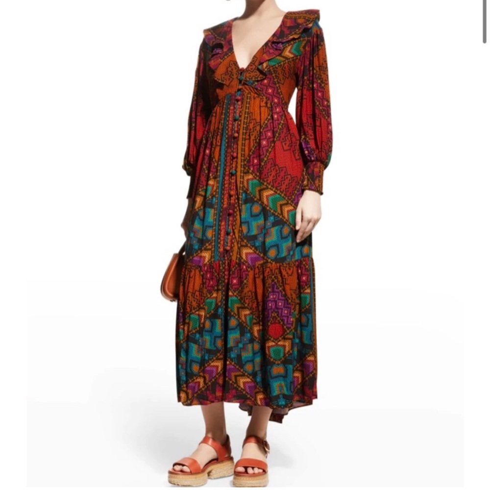 FARM Rio Multicolor V-Neck Maxi Dress with Geometric Print